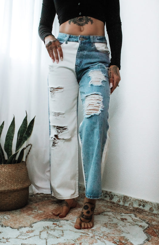 Sage Denim Colorblock Wide Leg Jeans
