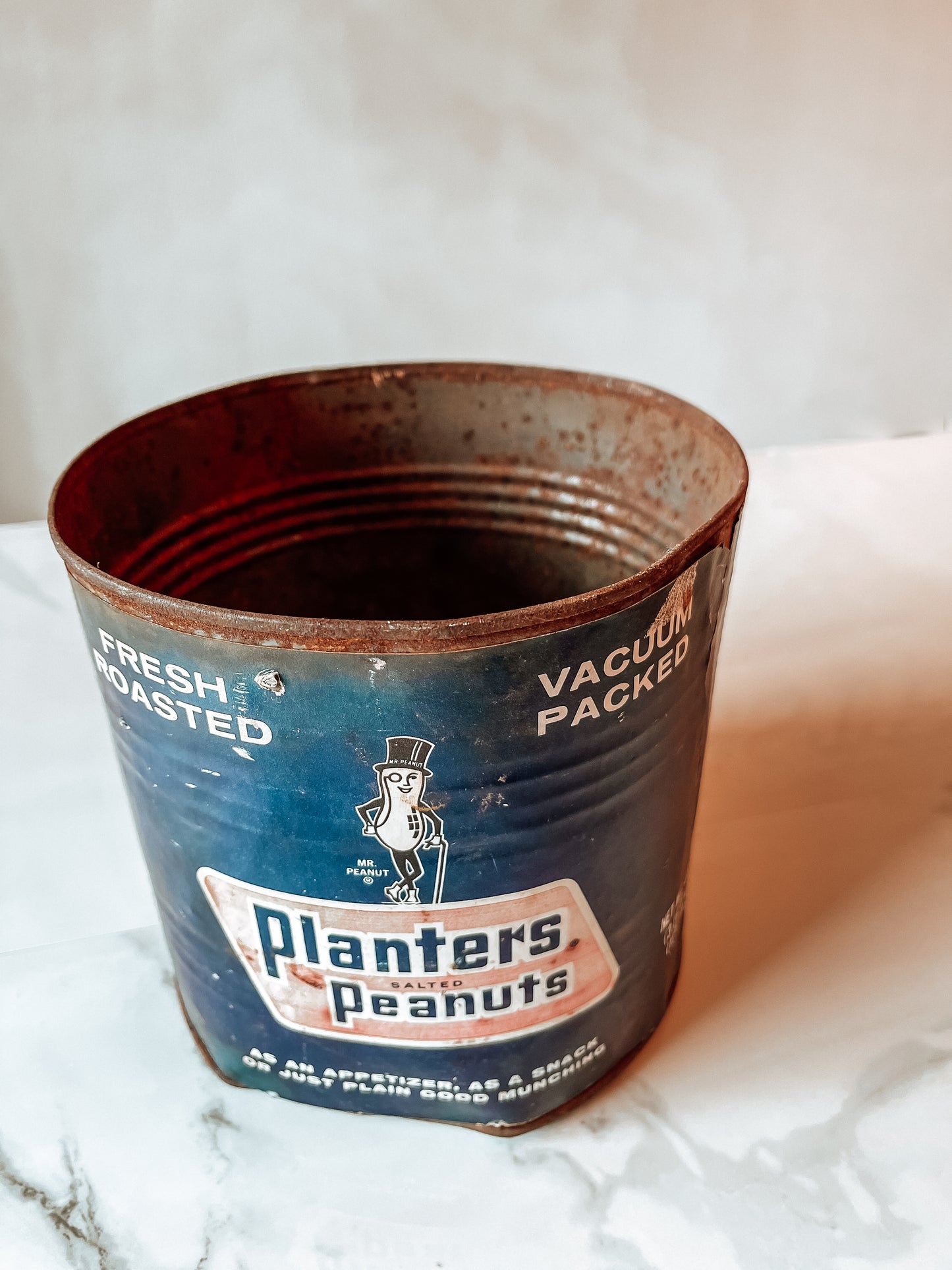 Vintage Planters Peanuts 56oz can featuring Mr. Peanut