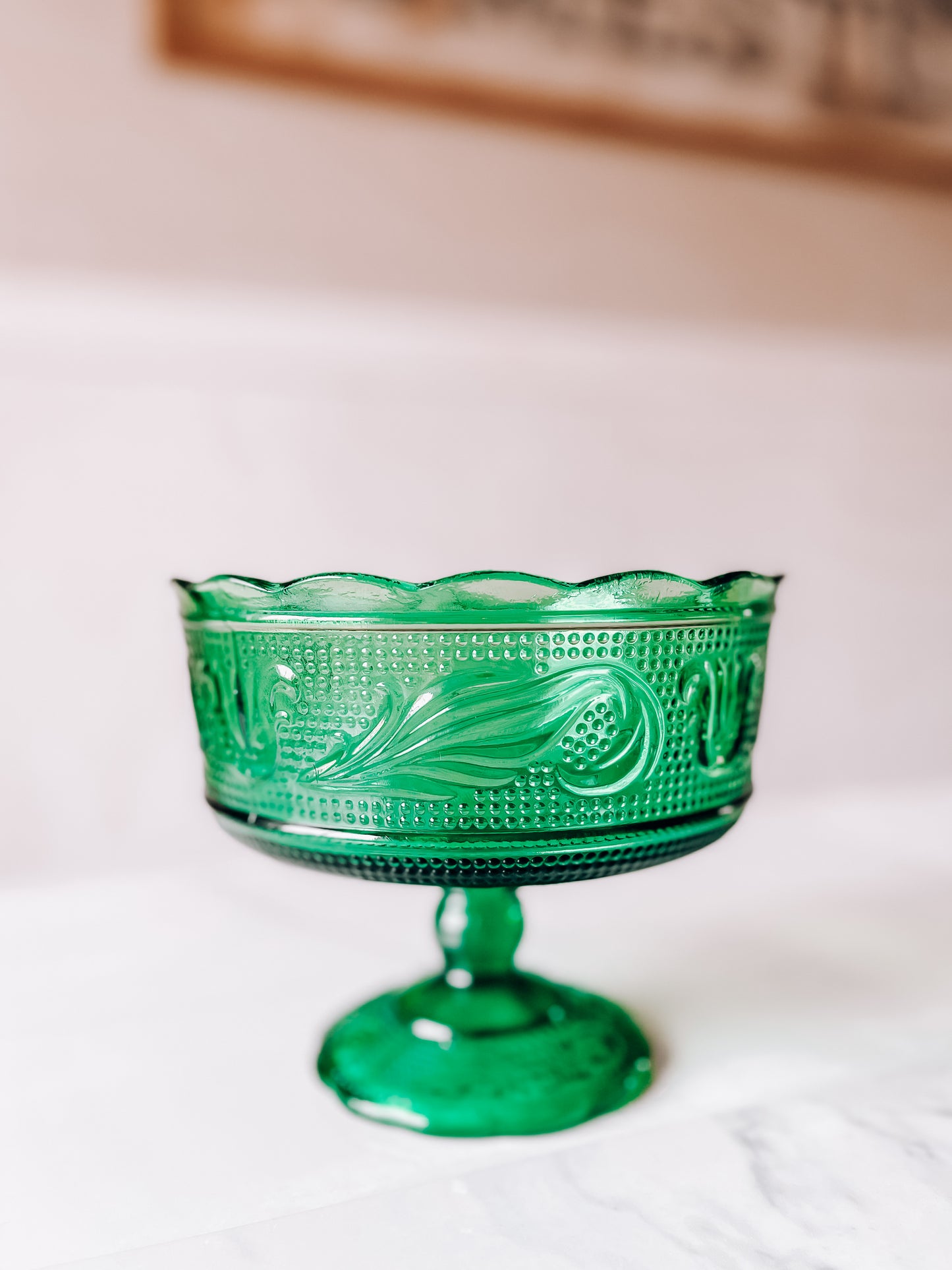 Emerald green depression glass compote pedestal bowl